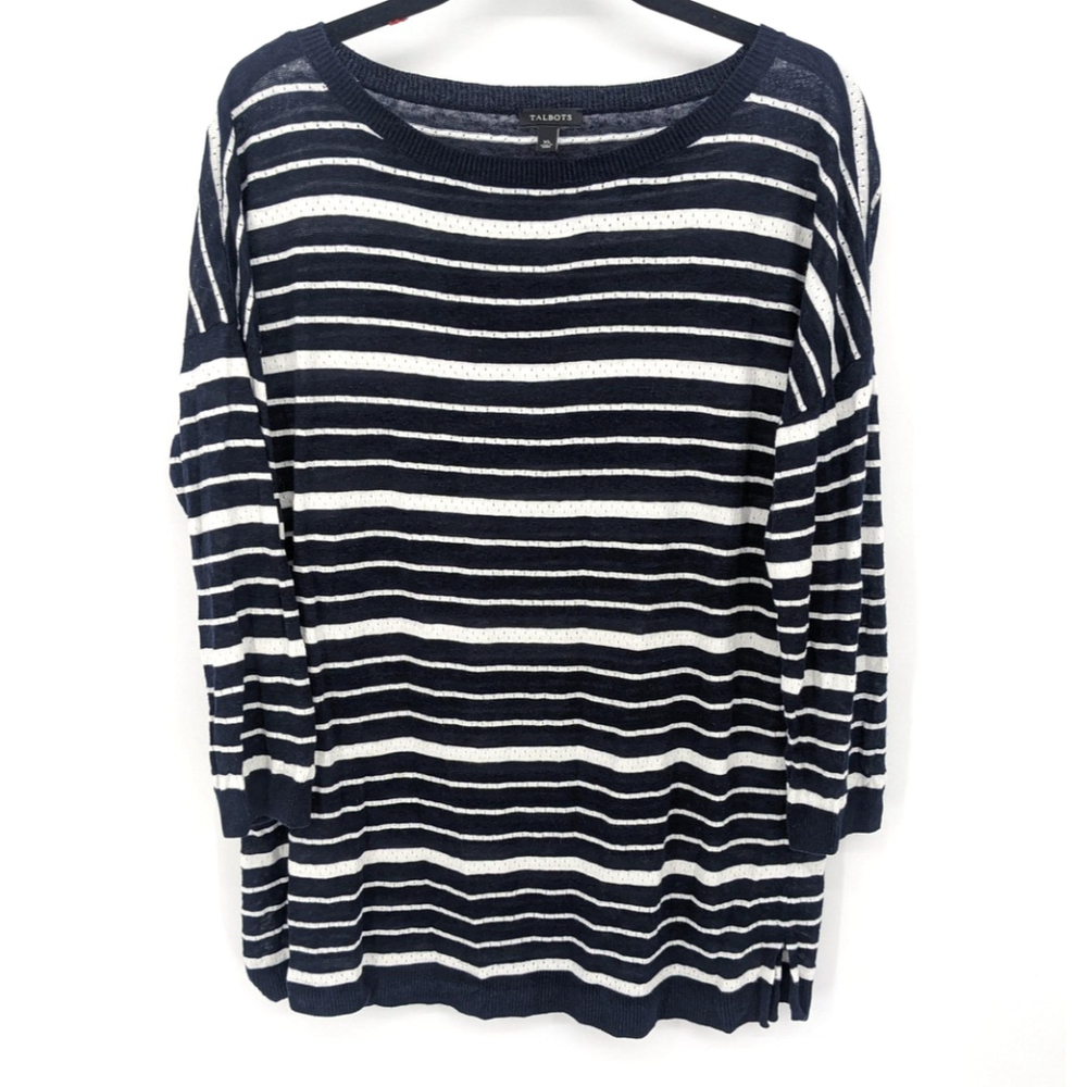 Talbots Sweater Womens XL Striped Blue Linen Blend Lightweight Pullover Casual